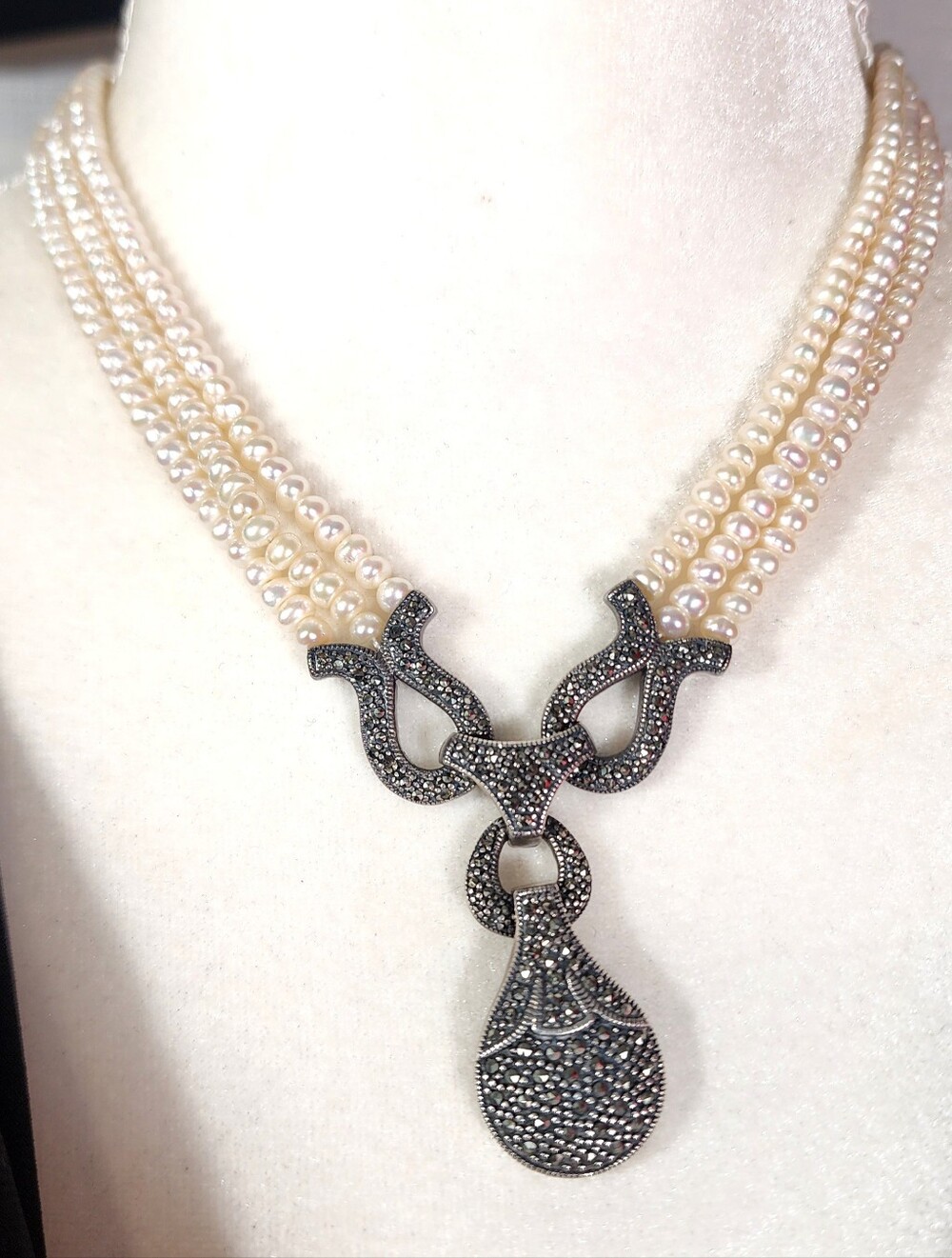 Vintage CFJ 925 Sterling Silver Multi Strand Cultured Pearl Marcasite Necklace